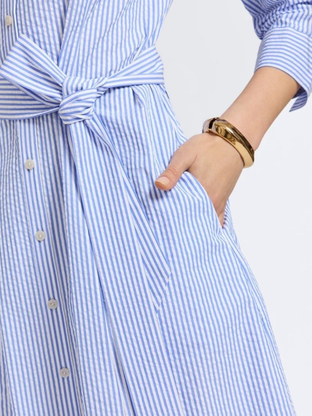 Foxcroft Fiona Blue White Stripe Seersucker Shirt Dress L NWT - Picture 3 of 8